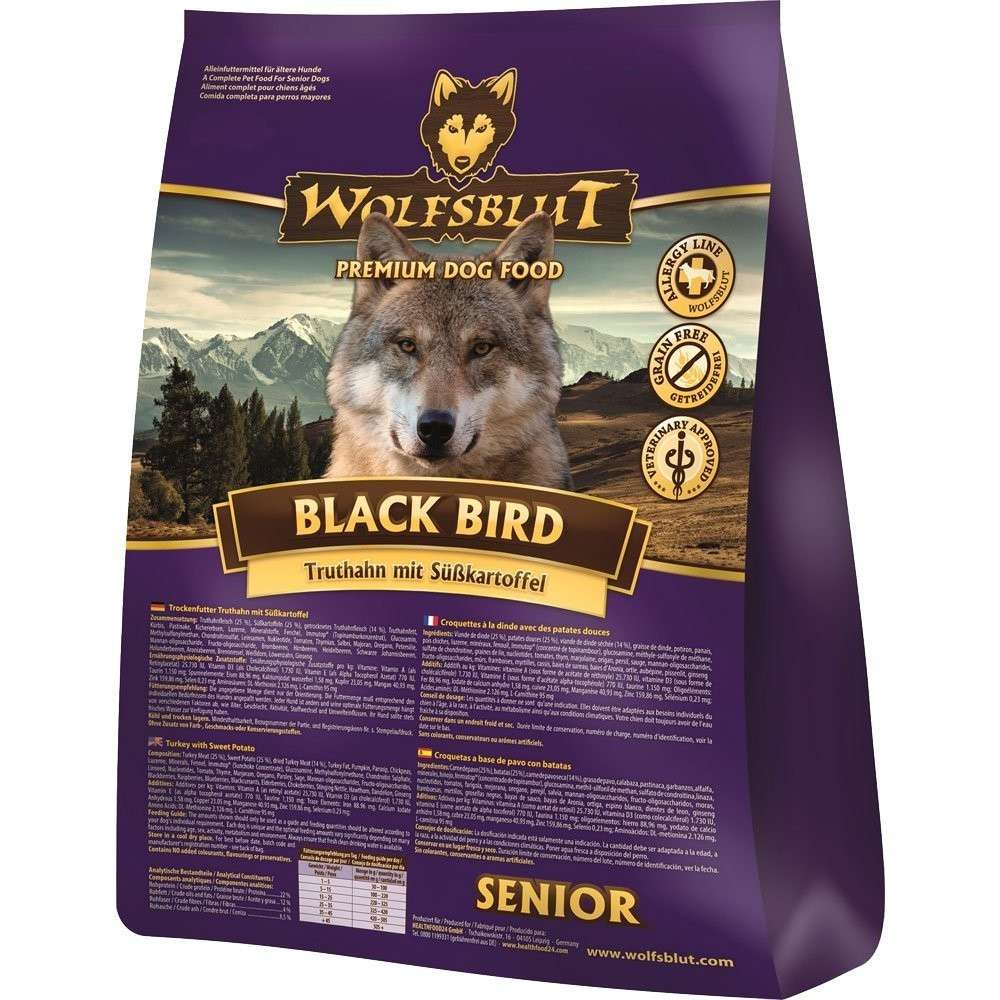 Wolfsblut Black Bird Senior Kalkoen en zoete Aardappelen 15 kg, 2 kg, 500 g