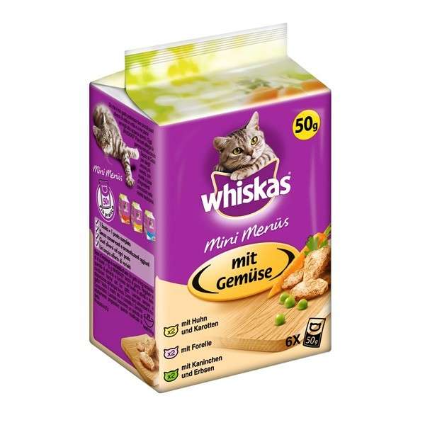 Whiskas Mini Menü in 6er Multipack met Kip & Wortelen, Forel, Konijn & Peas 12x6x50 g
