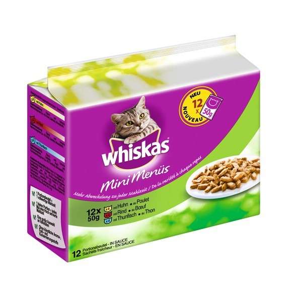 Whiskas Mini Menü in 6er Multipack met Kip, Rundvlees en Tonijn 12x50 g