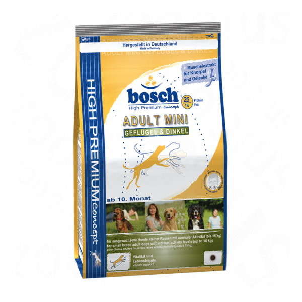Bosch Adult Mini Fjerkræ & Spelt 3 kg, 1 kg køb rimeligt og favoribelt med rabat