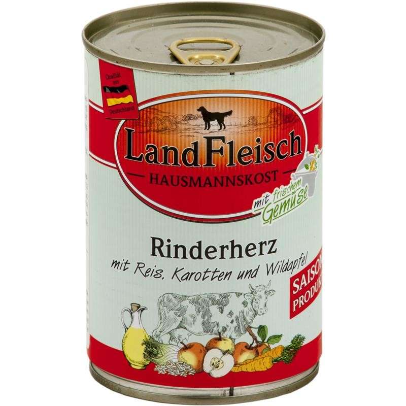 Landfleisch Hausmannskost Rinderherz mit Reis, Karotten und Wildapfel