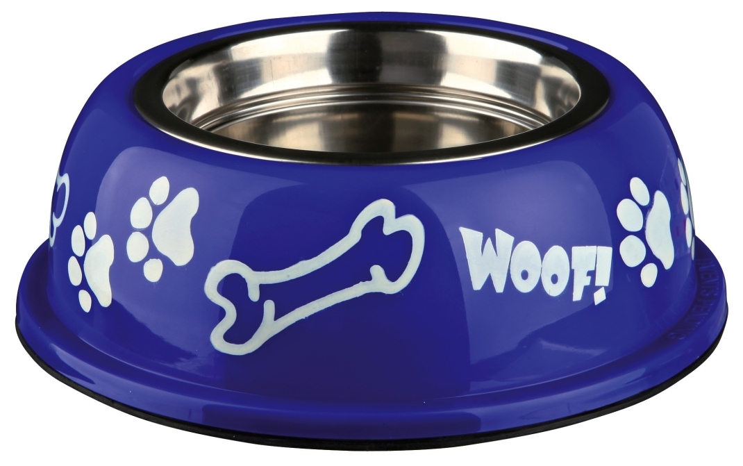 Trixie Tazón de Acero Inoxidable con Soportes de Plástico, "Woof!" 450 ml