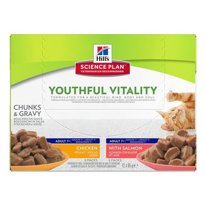 Hill's Science Plan Feline Adult 7+ Youthful Vitality med Laks og Kylling 12x85 g kjøp billig med rabatt